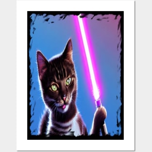 Fun Cat Print ~ AI Art ~ Fantasy Cat ~ Sci-fi Cat ~ Cats with Lightsabers Posters and Art